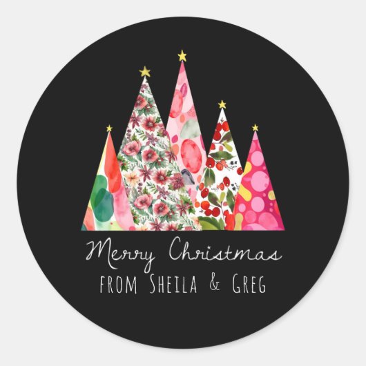 Roze Kerst Moderne Elegante Bomen Ronde Sticker (Voorkant)