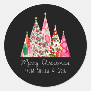Roze Kerst Moderne Elegante Bomen Ronde Sticker