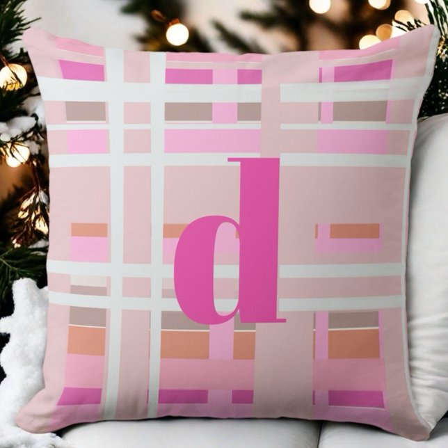 Roze Kerst monogram plaid blush wit sinaasappel Kussen (Creator heeft geüpload)