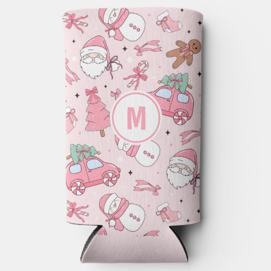 Roze Kerst Naadloos personalizeerbaar Seltzer Blikjeskoeler (Voorkant)