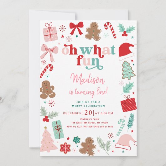 Roze Kerst Oh Wat een leuke eerste verjaardag Kaart (Voorkant)