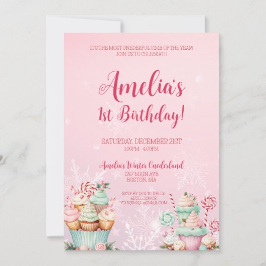 Roze Kerst Onederland Cupcake 1e verjaardag Kaart (Voorkant)