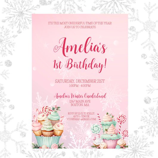 Roze Kerst Onederland Cupcake 1e verjaardag Kaart