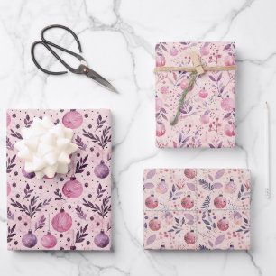 Roze Kerst Ornament Patroon met Winter Foliag Inpakpapier Vel