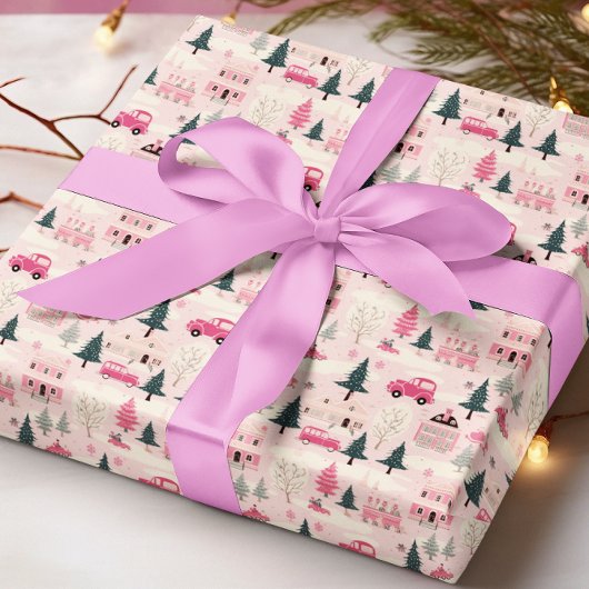Roze Kerst Oude Stad Cadeaupapier