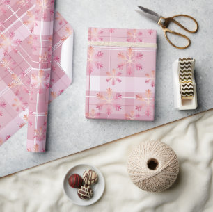 Roze Kerst Plaid Leuke Sneeuwvlokken  Cadeaupapier