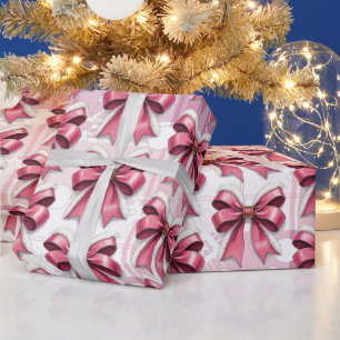 Roze Kerst Plaid Sneeuwvlokken Boog Patroon Cadeaupapier