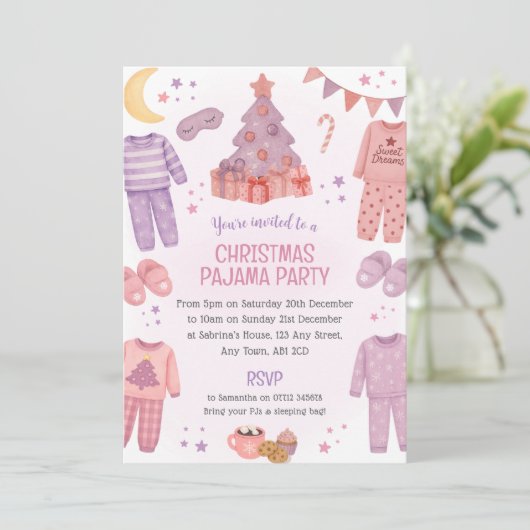 Roze Kerst Pyjama Slaapfeest Uitnodiging (Staand voorkant)