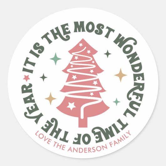 Roze Kerst Retro Ronde Sticker (Voorkant)