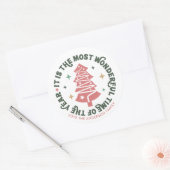 Roze Kerst Retro Ronde Sticker (Envelop)