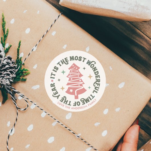 Roze Kerst Retro Ronde Sticker