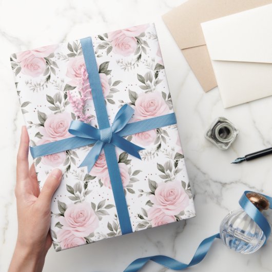 Roze Kerst Roos Floral Cadeaupapier (Geschenken)