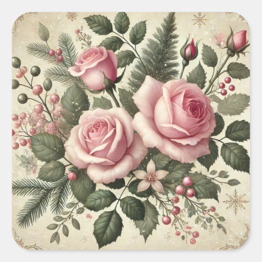  Roze Kerst Rozen Elegant Vierkante Sticker (Voorkant)