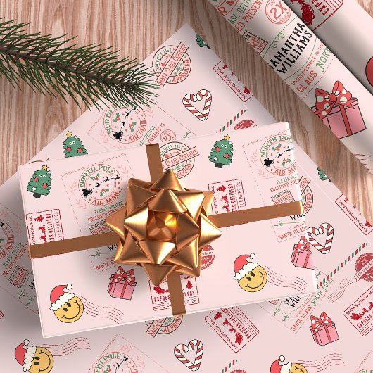 Roze Kerst Schattige Gepersonaliseerde Baby Kinder Cadeaupapier
