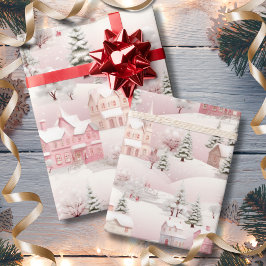  Roze Kerst Sneeuw Village Vakantie Cadeaupapier