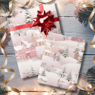  Roze Kerst Sneeuw Village Vakantie Cadeaupapier