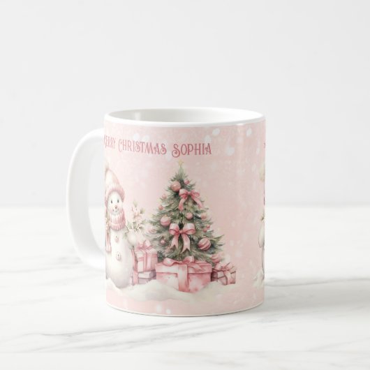  Roze Kerst Sneeuwman Custom Name Snow Koffiemok (Voorkant links)