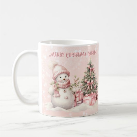  Roze Kerst Sneeuwman Custom Name Snow Koffiemok (Links)