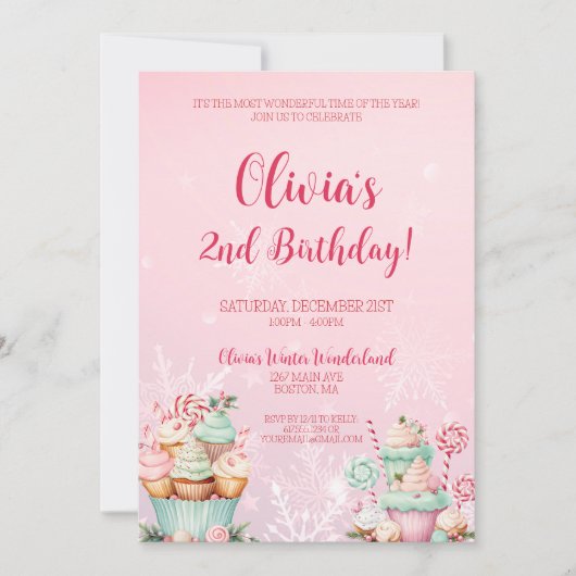 Roze Kerst Sneeuwvlok Cupcake 2e Verjaardag Kaart (Voorkant)