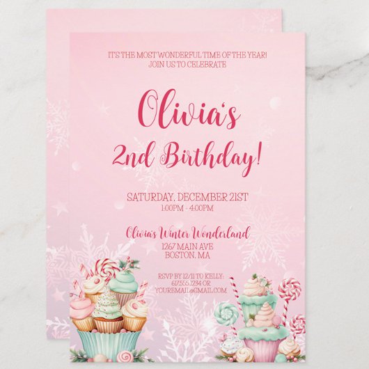 Roze Kerst Sneeuwvlok Cupcake 2e Verjaardag Kaart