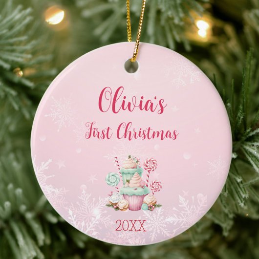 Roze kerst Sneeuwvlok Cupcake Eerste kerst Keramisch Ornament