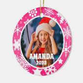 Roze Kerst Sneeuwvlokken Gepersonaliseerde Kinder Keramisch Ornament (Links)