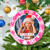 Roze Kerst Sneeuwvlokken Gepersonaliseerde Kinder  Keramisch Ornament