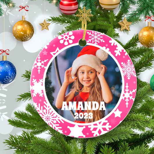 Roze Kerst Sneeuwvlokken Gepersonaliseerde Kinder Keramisch Ornament