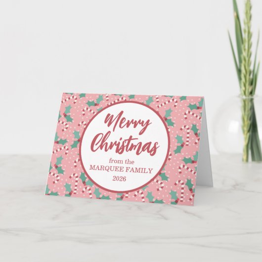 Roze Kerst Snoepriet Feestdagen Kaart (Voorkant)