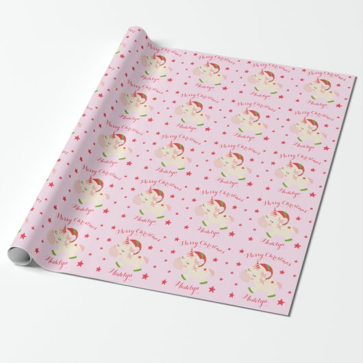 Roze kerst Unicorn Holiday op maat Cadeaupapier (Uitgerold)
