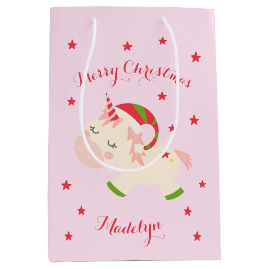 Roze kerst Unicorn Holiday op maat Medium Cadeauzakje (Voorkant)