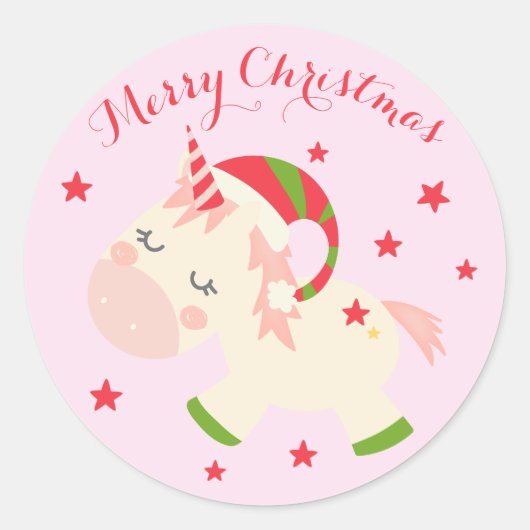 Roze kerst Unicorn Holiday op maat Ronde Sticker (Voorkant)
