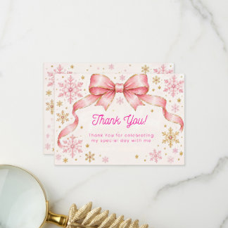 Roze Kerst Verjaardag Bedankkaart | Roze Strik