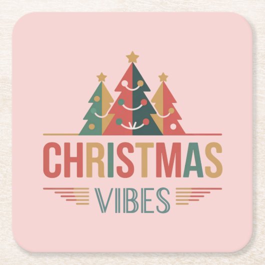 Roze Kerst Vibe Vierkante Onderzetter Set (Voorkant)