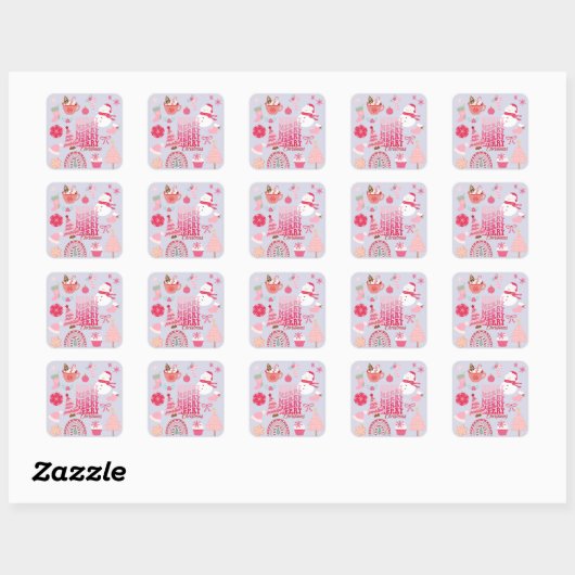 Roze kerst vierkante sticker (Vel)