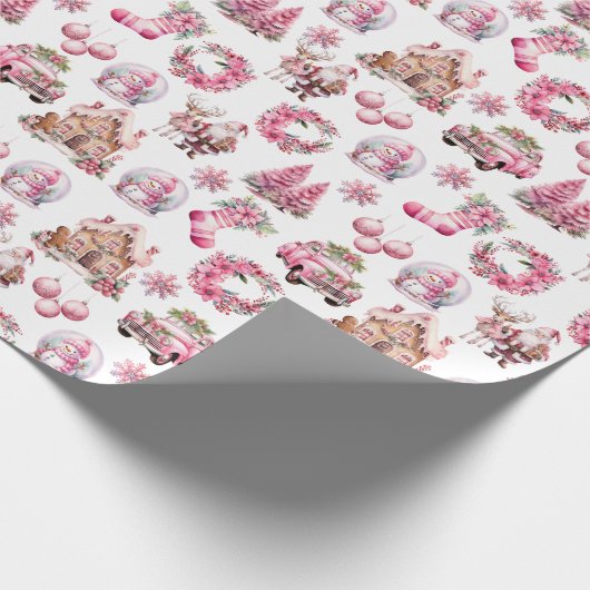 Roze Kerst Waterverf Cadeaupapier (Hoek)