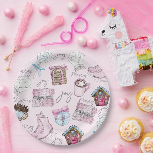 Roze Kerst Waterverf elementen Papieren Bordje (Feest)