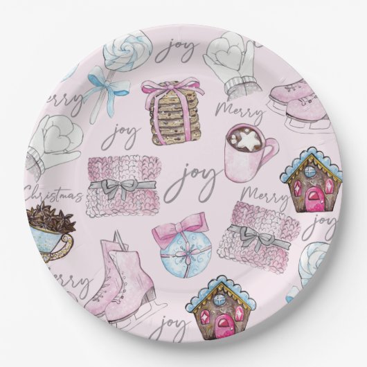 Roze Kerst Waterverf elementen Papieren Bordje (Voorkant)