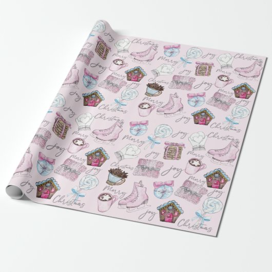 Roze Kerst Waterverf Schattige Cadeaupapier (Uitgerold)