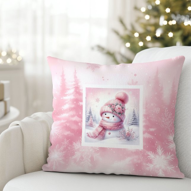 Roze Kerst Winter Bos Sneeuwman Kussen Kinderen De (Pinkmas Winter Forest Snowman Pillow Kids Decor)