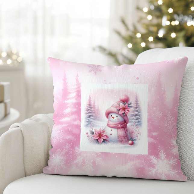 Roze Kerst Winter Scene Sneeuwman Kussen Kinderkam (Pinkmas Winter Scene Snowman Pillow Kids Room)