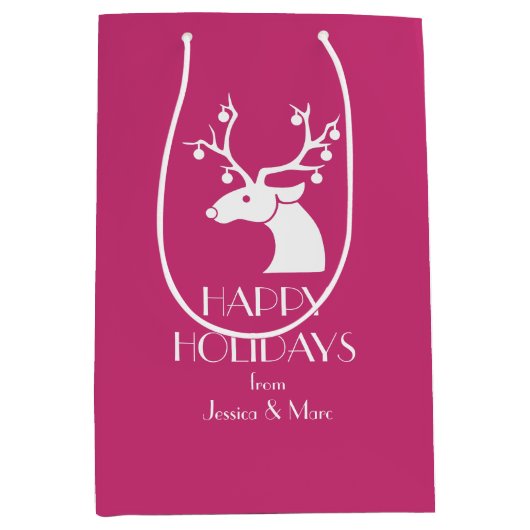 Roze Kerst Wit Rendier Gepersonaliseerde Bericht Medium Cadeauzakje (Voorkant)