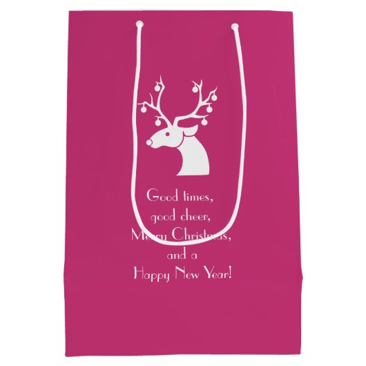 Roze Kerst Wit Rendier Gepersonaliseerde Bericht Medium Cadeauzakje (Achterkant)