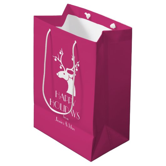 Roze Kerst Wit Rendier Persoonlijk Bericht Medium Cadeauzakje (Voorkant Gekanteld)