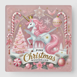 Roze Kerst Wonderland Eenhoorn Vierkante Klok