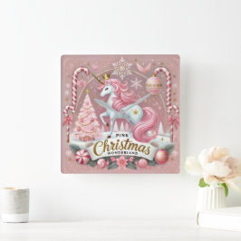 Roze Kerst Wonderland Eenhoorn Vierkante Klok