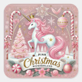 Roze Kerst Wonderland Eenhoorn Vierkante Sticker (Voorkant)