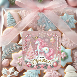 Roze Kerst Wonderland Eenhoorn Vierkante Sticker