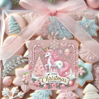 Roze Kerst Wonderland Eenhoorn Vierkante Sticker