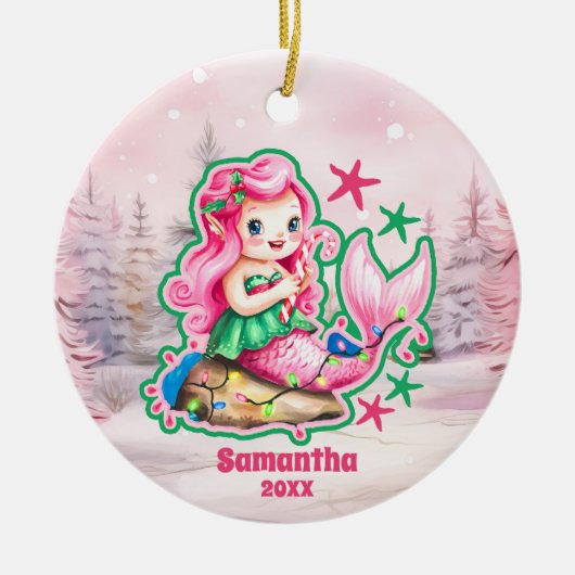 Roze Kerst Zeemeermin Kinder Foto Ornament (Voorkant)